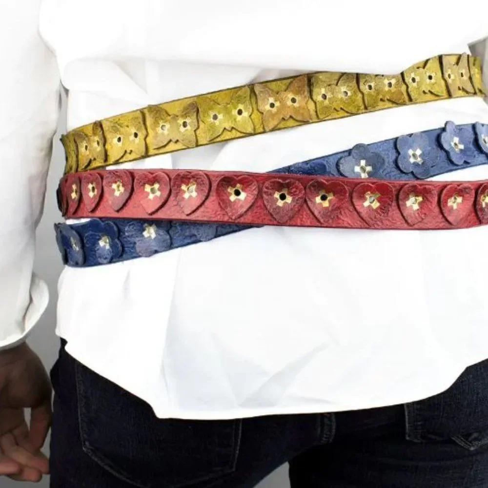 LPD Distressed Blue Vintage Leather Belt with Flowers